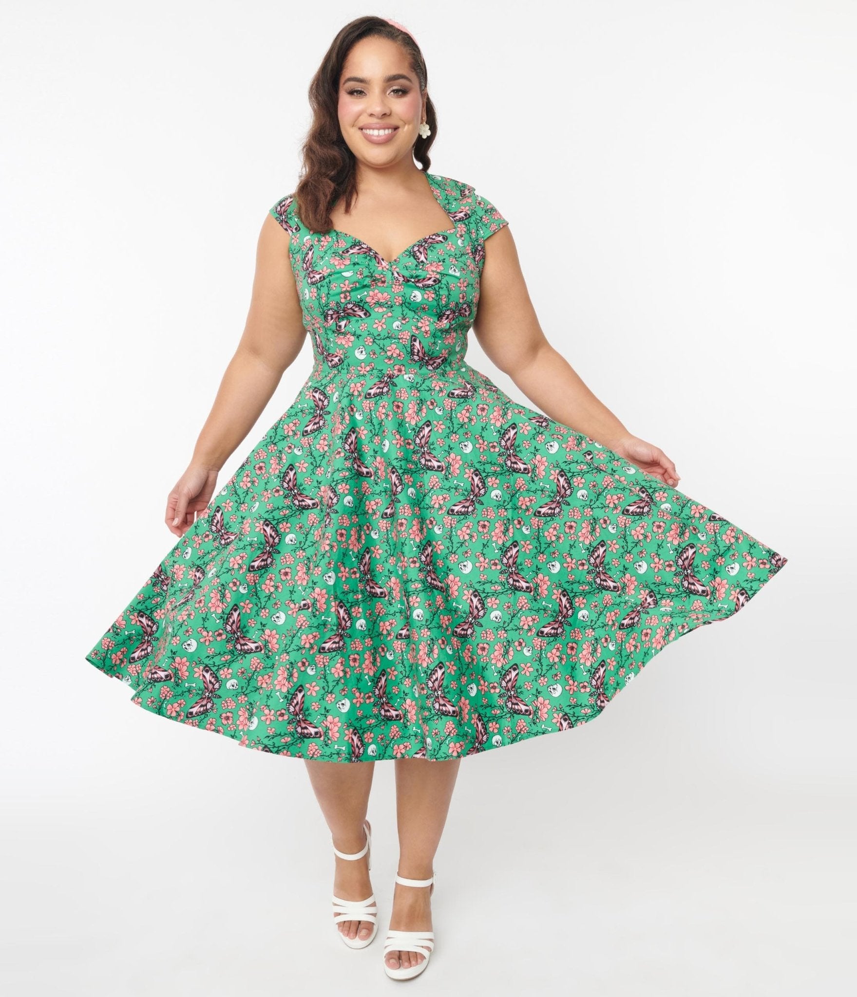 Hell Bunny Green Skeleton & Moths Floral Madilynn Midi Dress - Unique Vintage - Womens, DRESSES, SWING