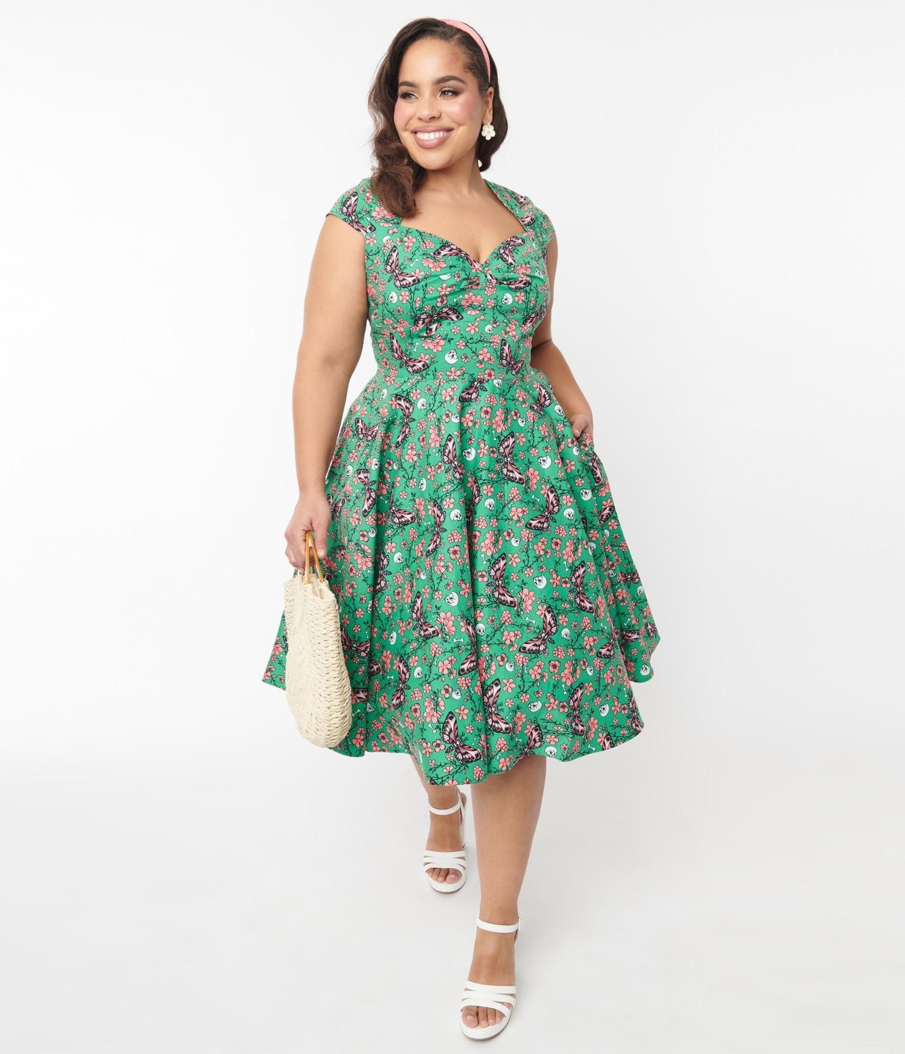 Hell Bunny Green Skeleton & Moths Floral Madilynn Midi Dress - Unique Vintage - Womens, DRESSES, SWING