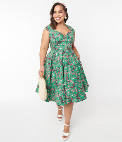 Hell Bunny Green Skeleton & Moths Floral Madilynn Midi Dress - Unique Vintage - Womens, DRESSES, SWING