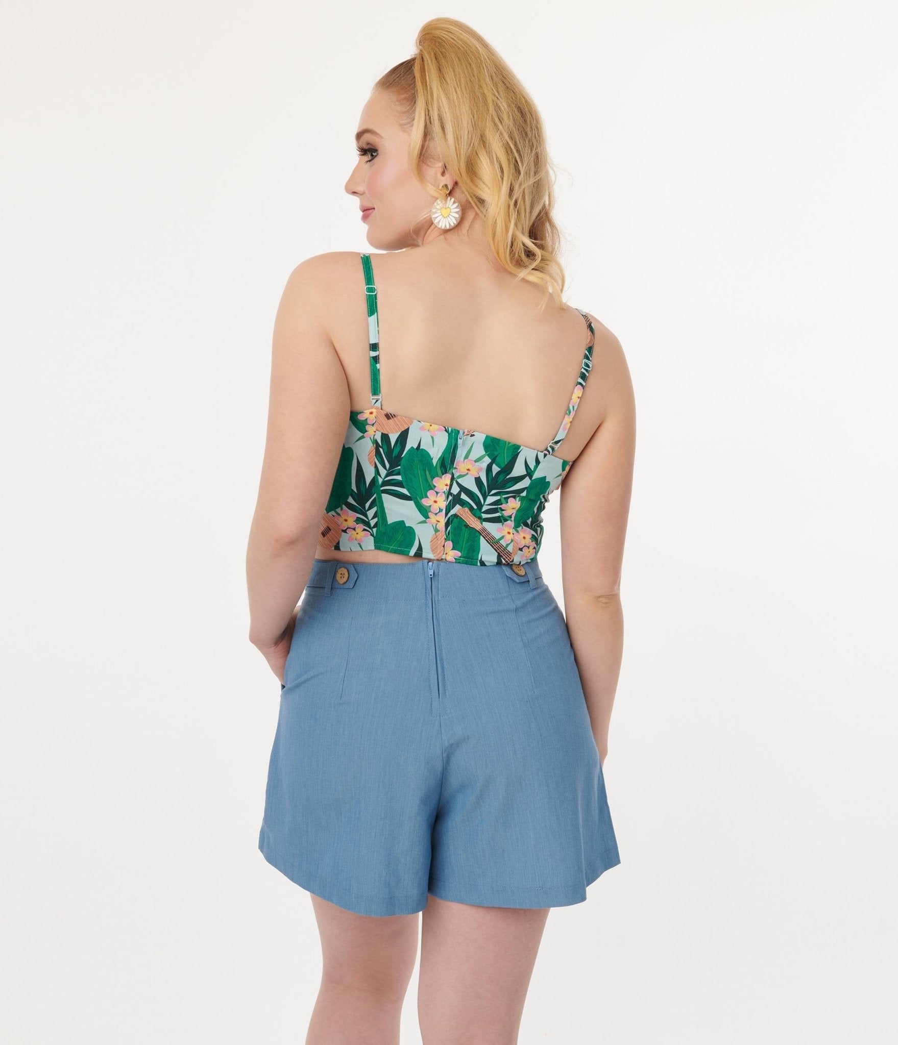 Hell Bunny Light Blue & Green Tropical Ululani Crop Top - Unique Vintage - Womens, TOPS, WOVEN TOPS