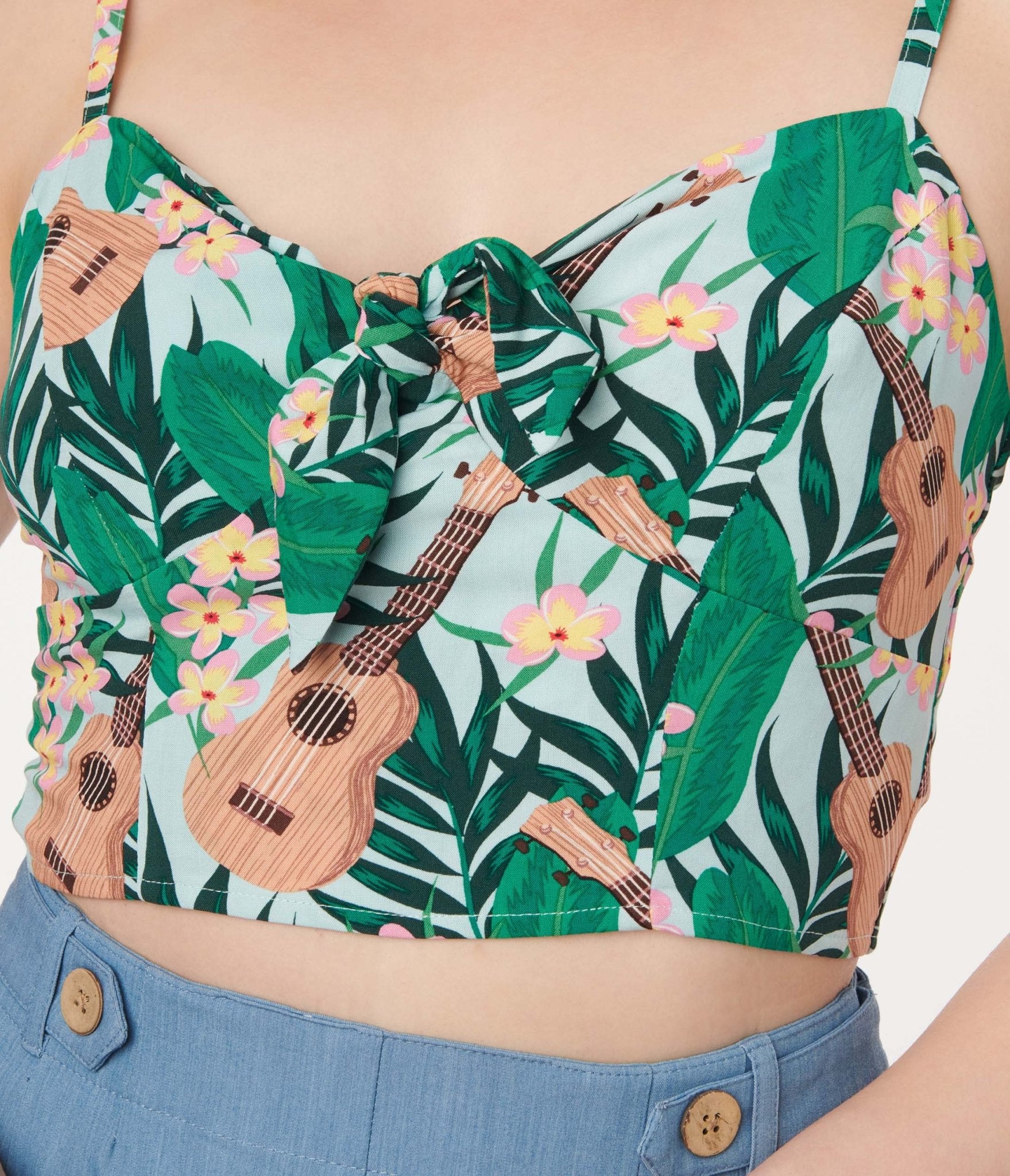 Hell Bunny Light Blue & Green Tropical Ululani Crop Top - Unique Vintage - Womens, TOPS, WOVEN TOPS