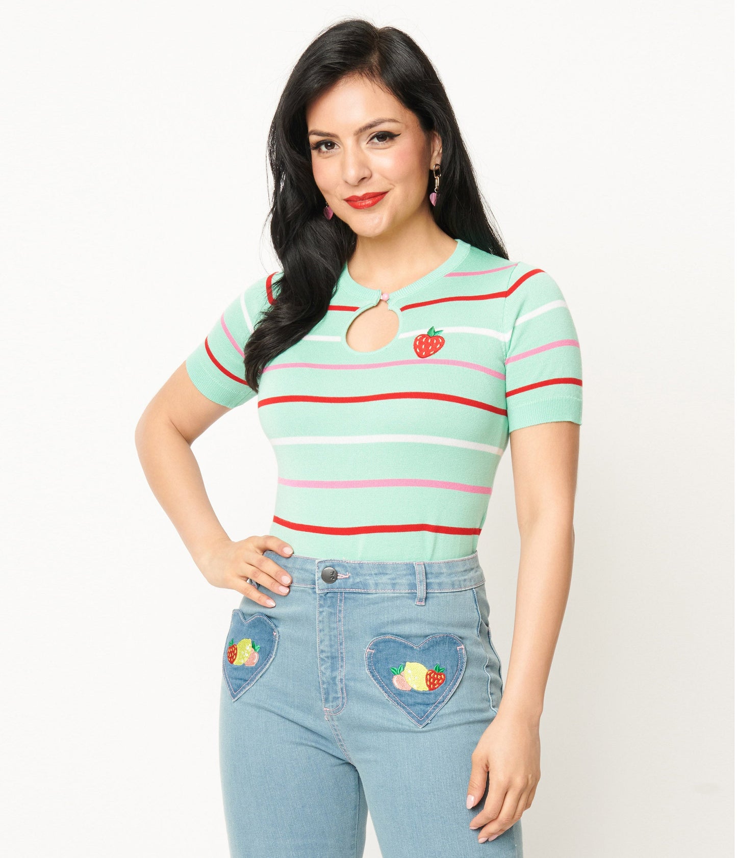 Hell Bunny Mint Stripe Berry Knit Top - Unique Vintage - Womens, TOPS, KNIT TOPS