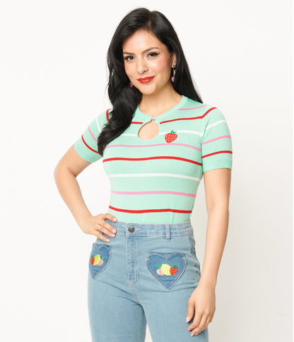 Hell Bunny Mint Stripe Berry Knit Top - Unique Vintage - Womens, TOPS, KNIT TOPS