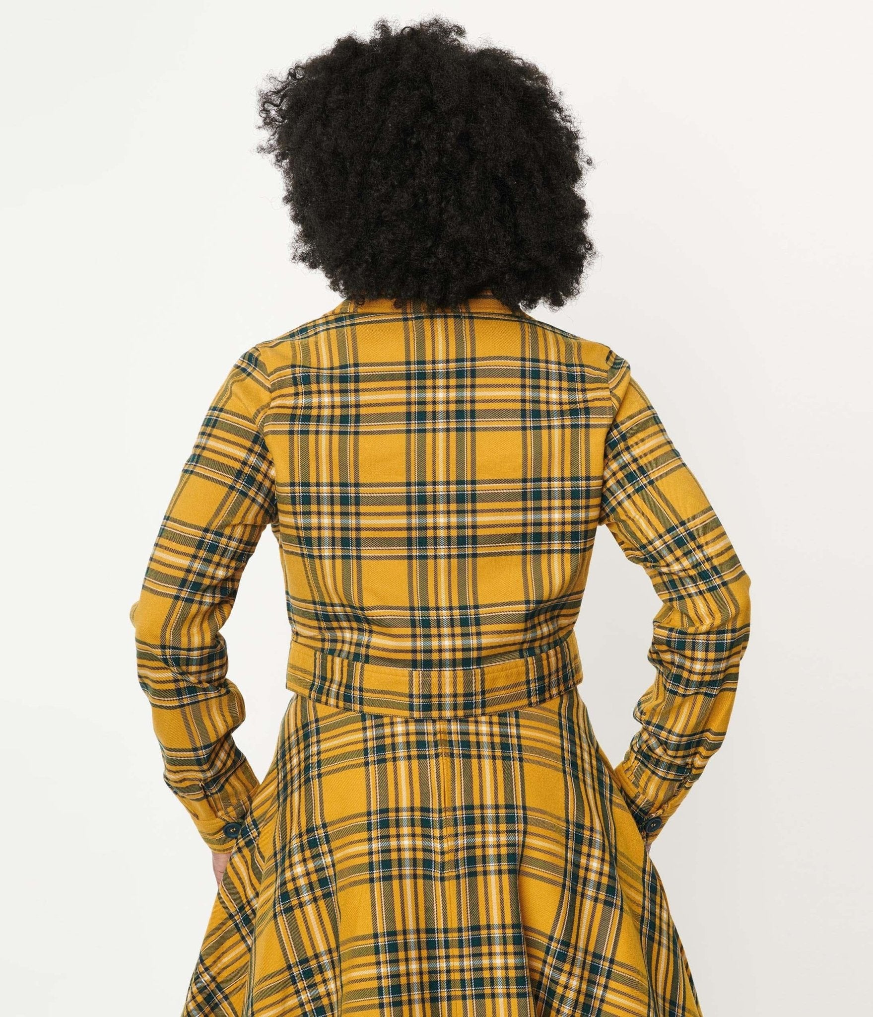 Hell Bunny Mustard & Navy Plaid Wither Crop Jacket - Unique Vintage - Womens, TOPS, OUTERWEAR