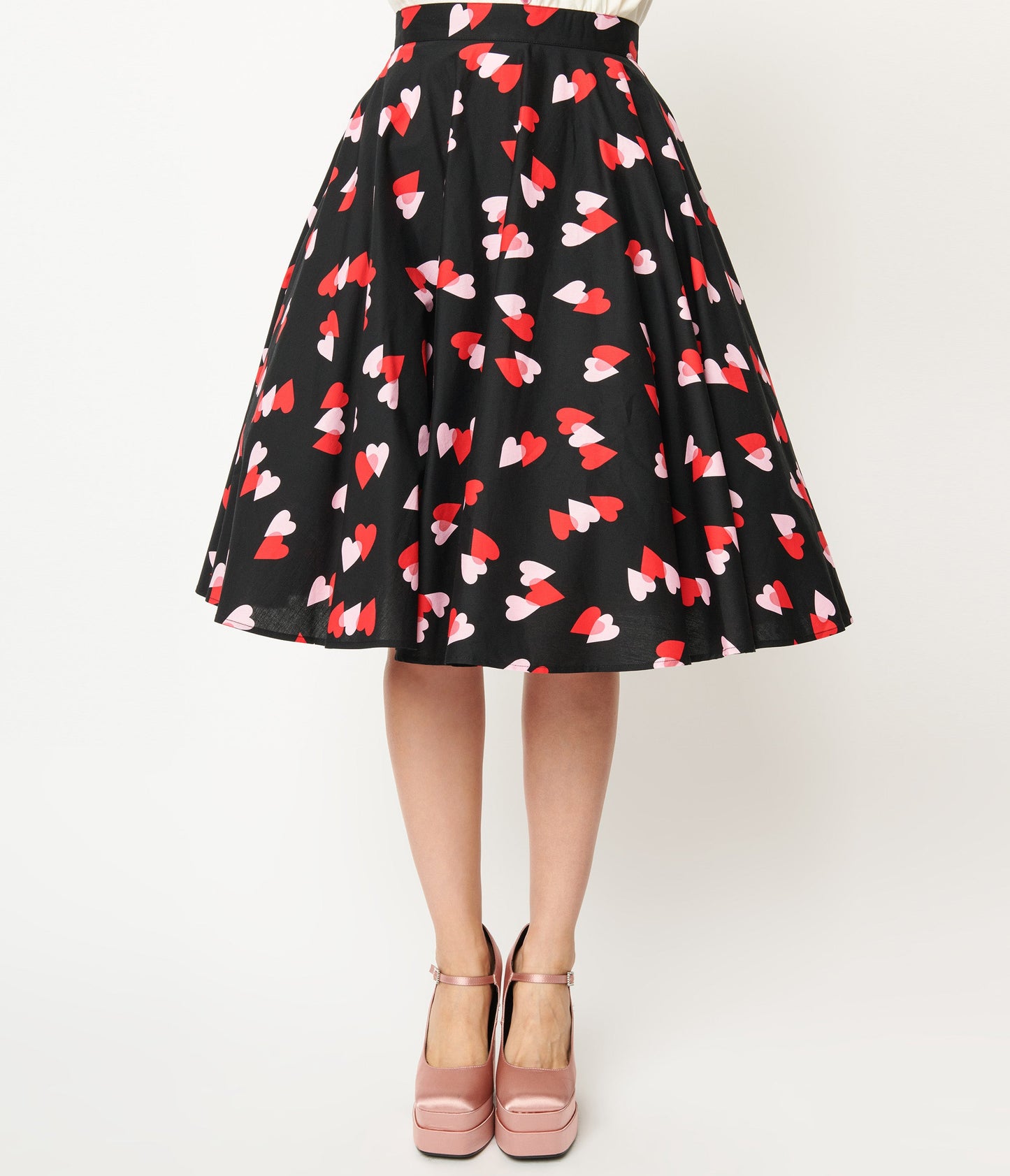 Hell Bunny Pink & Red Heart Confetti Swing Skirt - Unique Vintage - Womens, BOTTOMS, SKIRTS