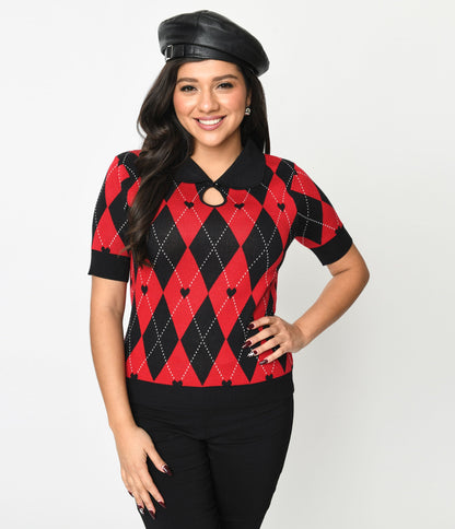 Hell Bunny Red & Black Heart Argyle Amy Knit Top - Unique Vintage - Womens, TOPS, KNIT TOPS