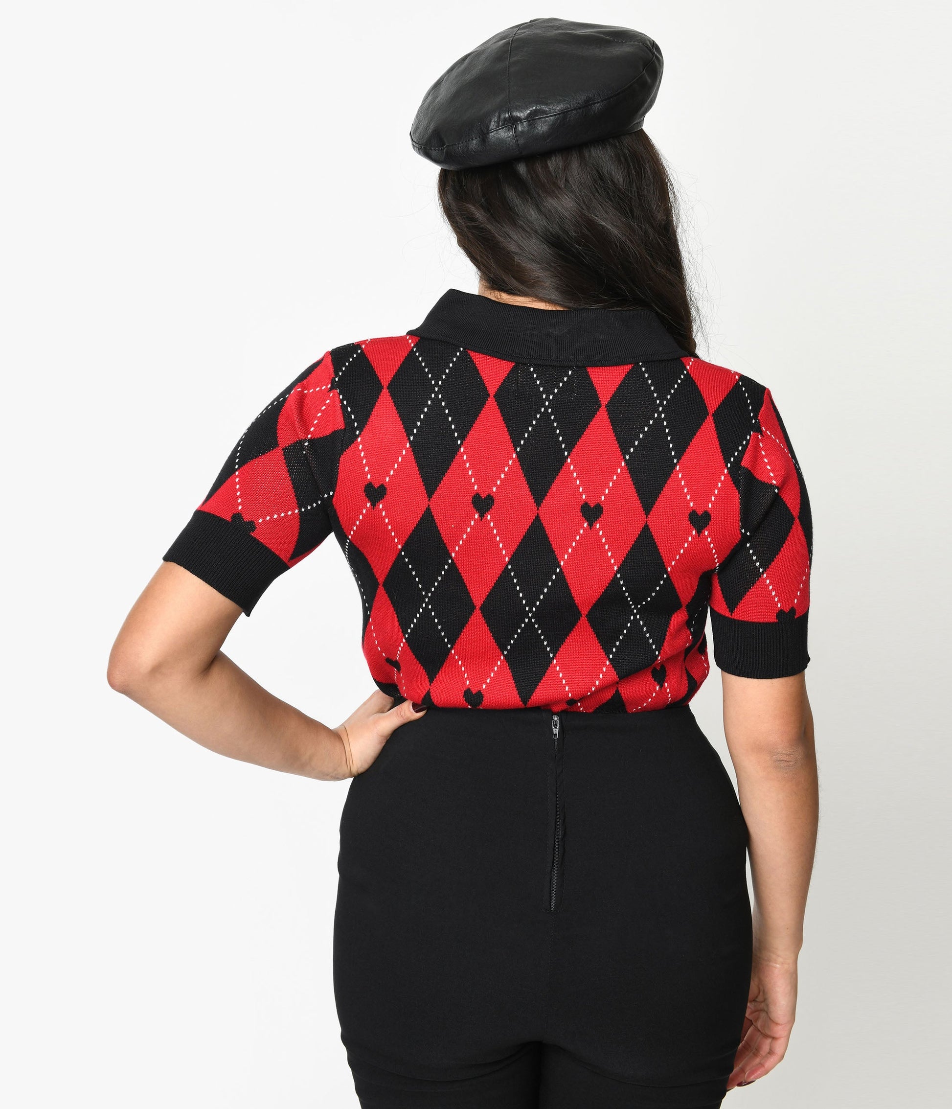 Hell Bunny Red & Black Heart Argyle Amy Knit Top - Unique Vintage - Womens, TOPS, KNIT TOPS
