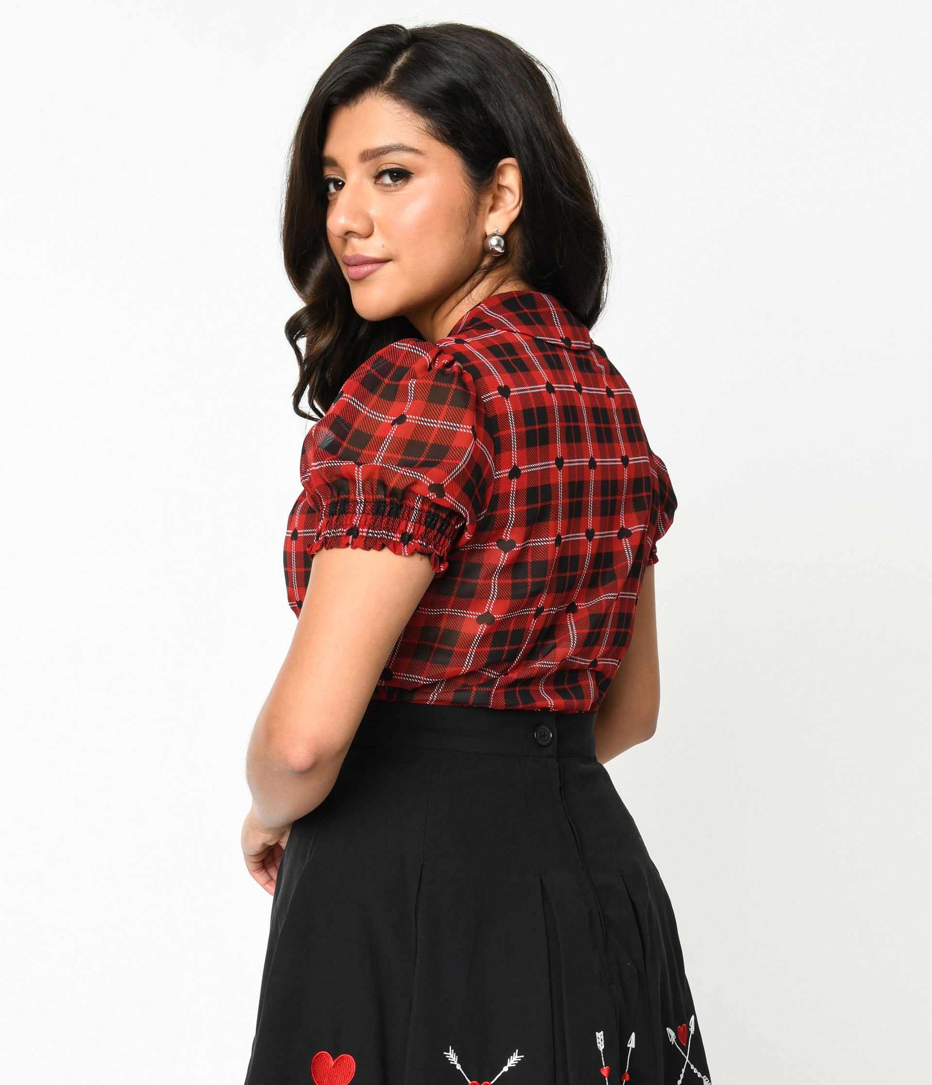 Hell Bunny Red & Black Heart Plaid Date Night Blouse - Unique Vintage - Womens, TOPS, WOVEN TOPS