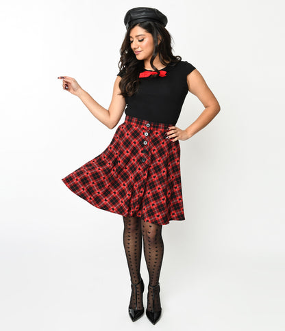 Hell Bunny Red & Black Heart Plaid Date Night Skirt - Unique Vintage - Womens, BOTTOMS, SKIRTS