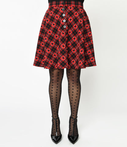 Hell Bunny Red & Black Heart Plaid Date Night Skirt - Unique Vintage - Womens, BOTTOMS, SKIRTS