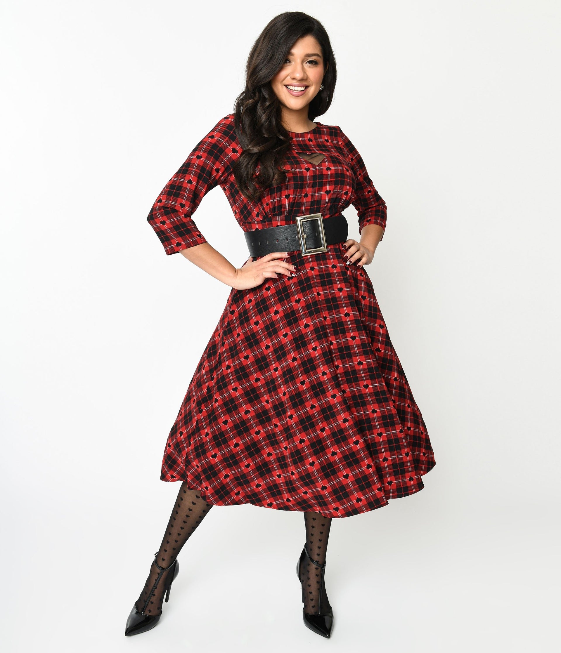 Hell Bunny Red & Black Heart Plaid Date Night Swing Dress - Unique Vintage - Womens, DRESSES, SWING