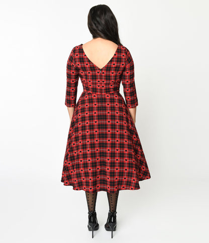 Hell Bunny Red & Black Heart Plaid Date Night Swing Dress - Unique Vintage - Womens, DRESSES, SWING