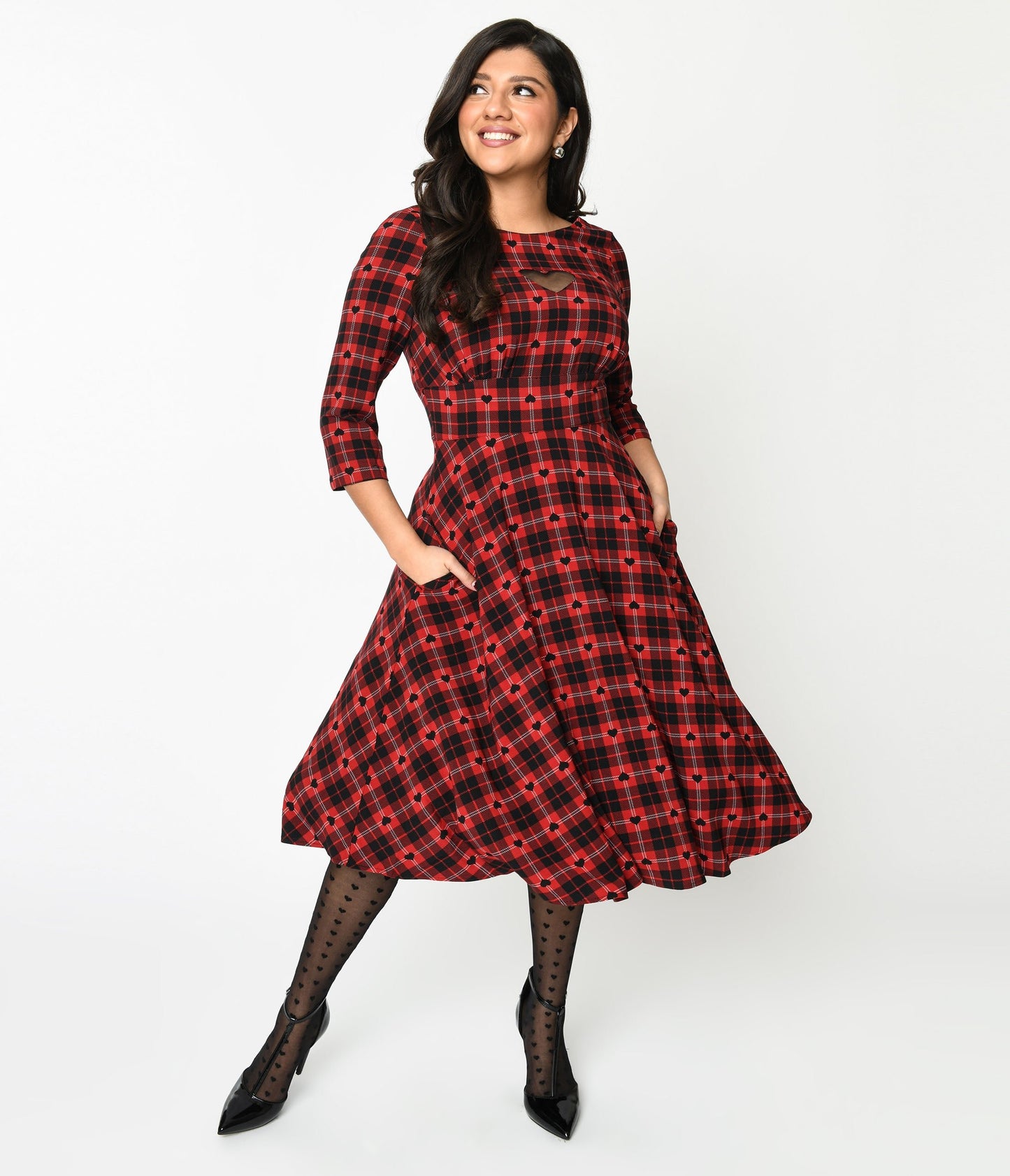 Hell Bunny Red & Black Heart Plaid Date Night Swing Dress - Unique Vintage - Womens, DRESSES, SWING