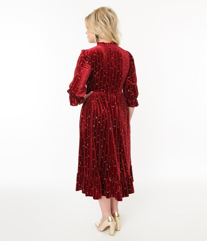 Hell Bunny Red Velvet & Gold Star Midi Dress - Unique Vintage - Womens, DRESSES, MIDI