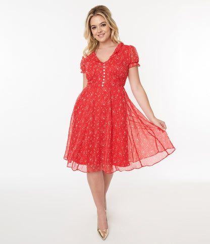Hell Bunny Red & White Star Cassiopeia Swing Dress - Unique Vintage - Womens, DRESSES, SWING