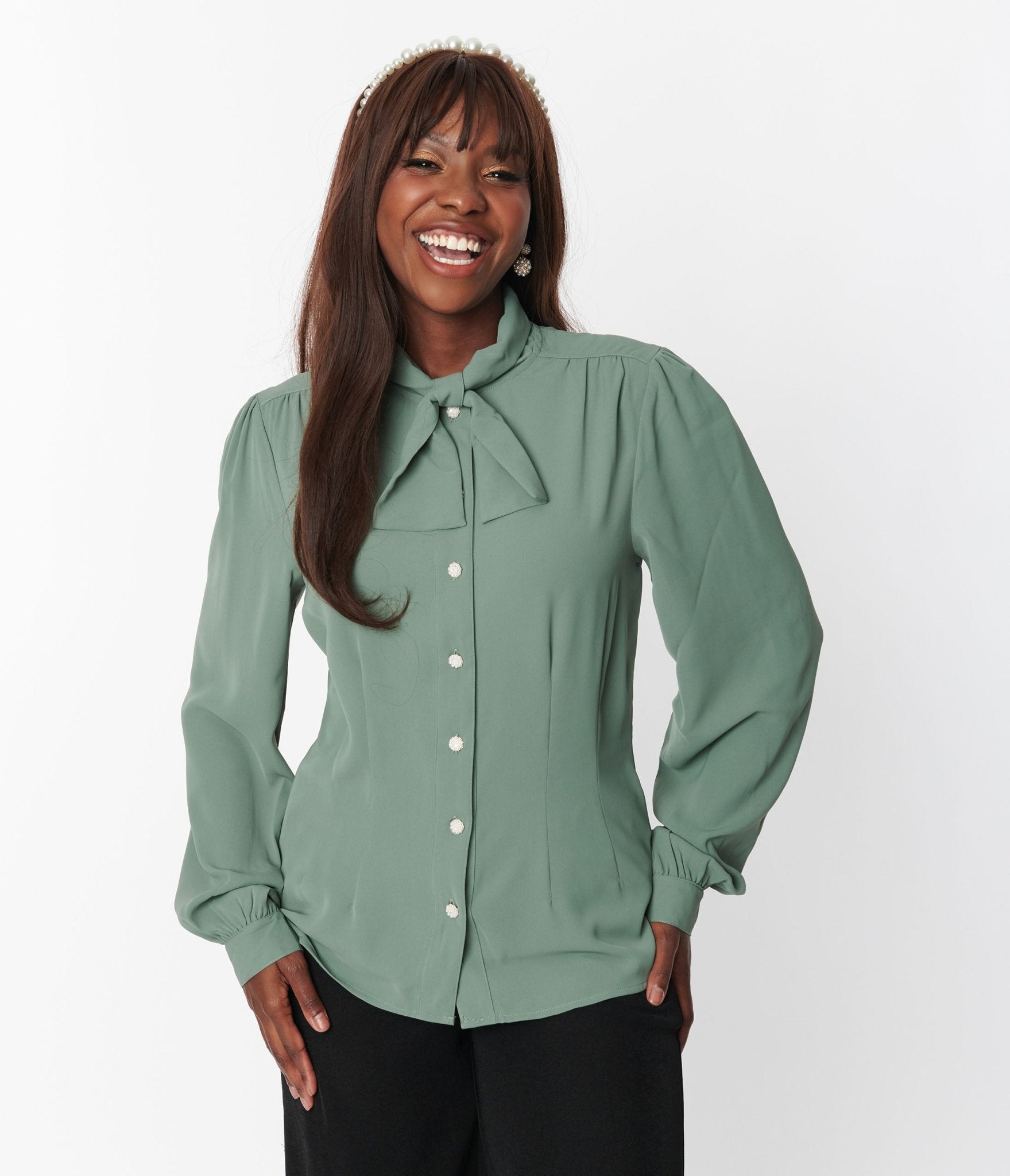Hell Bunny Sage Green Mia Blouse - Unique Vintage - Womens, TOPS, WOVEN TOPS