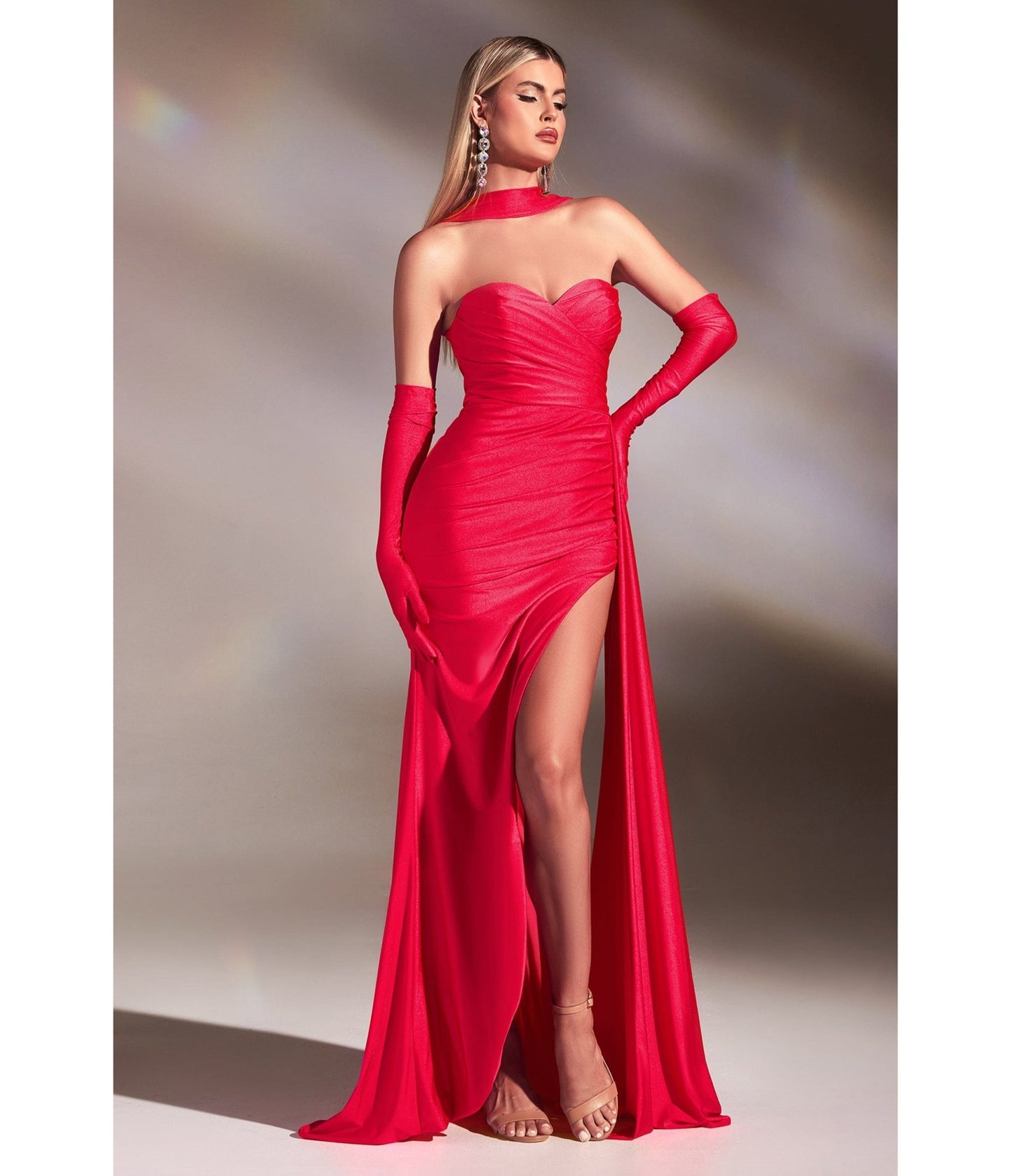 Hot Coral Satin Strapless Prom Gown with Gloves - Unique Vintage - Womens, DRESSES, PROM AND SPECIAL OCCASION