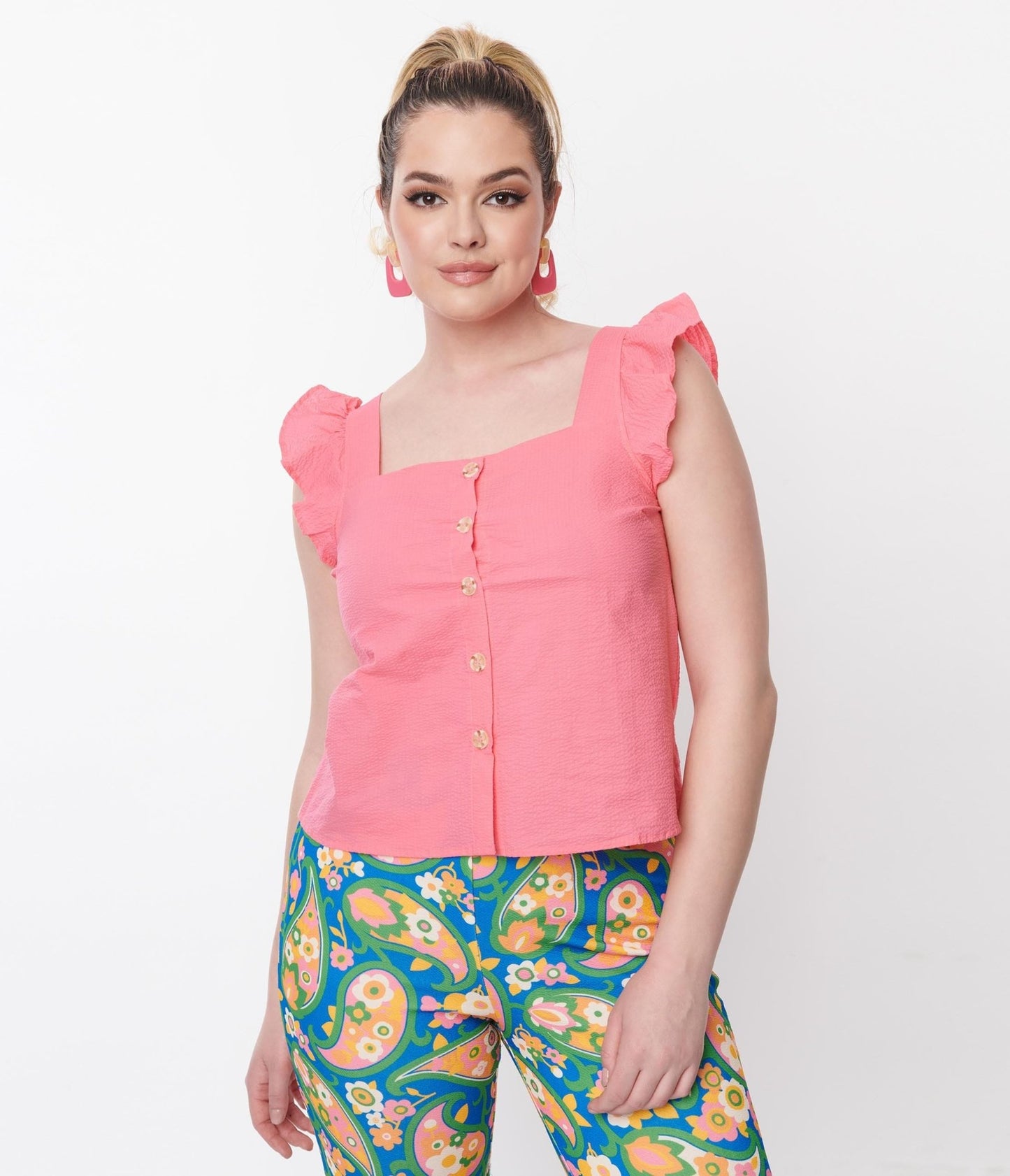 Hot Pink Button Up Top - Unique Vintage - Womens, TOPS, WOVEN TOPS
