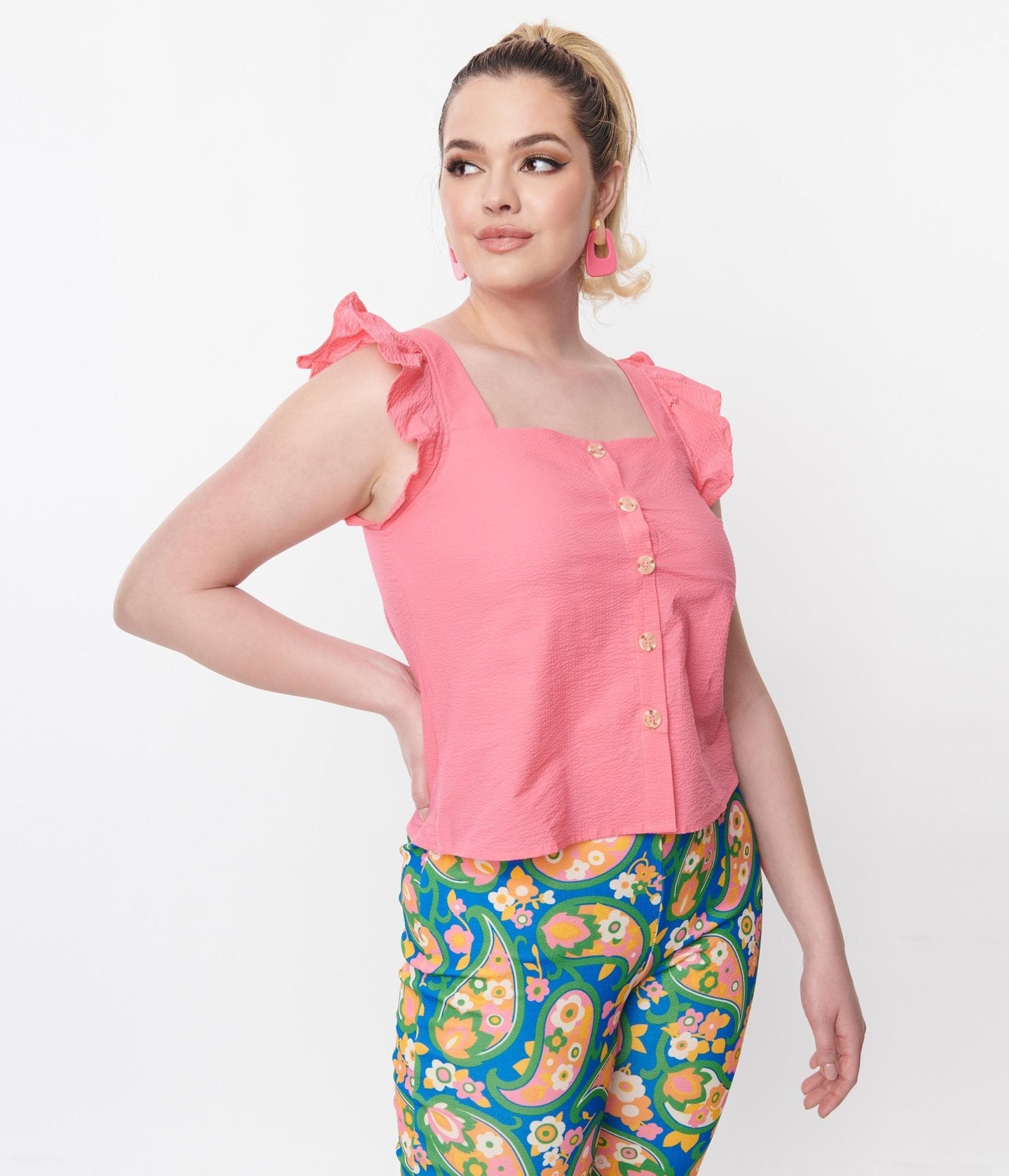 Hot Pink Button Up Top - Unique Vintage - Womens, TOPS, WOVEN TOPS