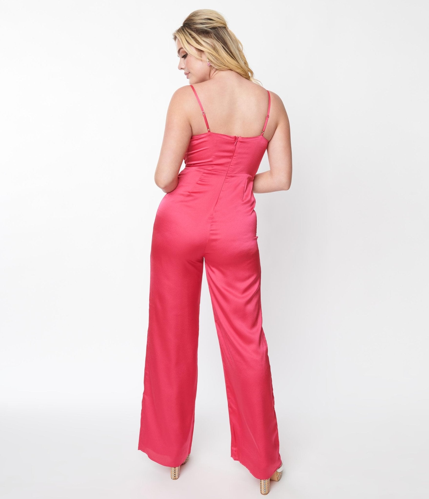 Hot Pink Chateau Satin Cowl Neck Jumpsuit - Unique Vintage - Womens, BOTTOMS, ROMPERS AND JUMPSUITS