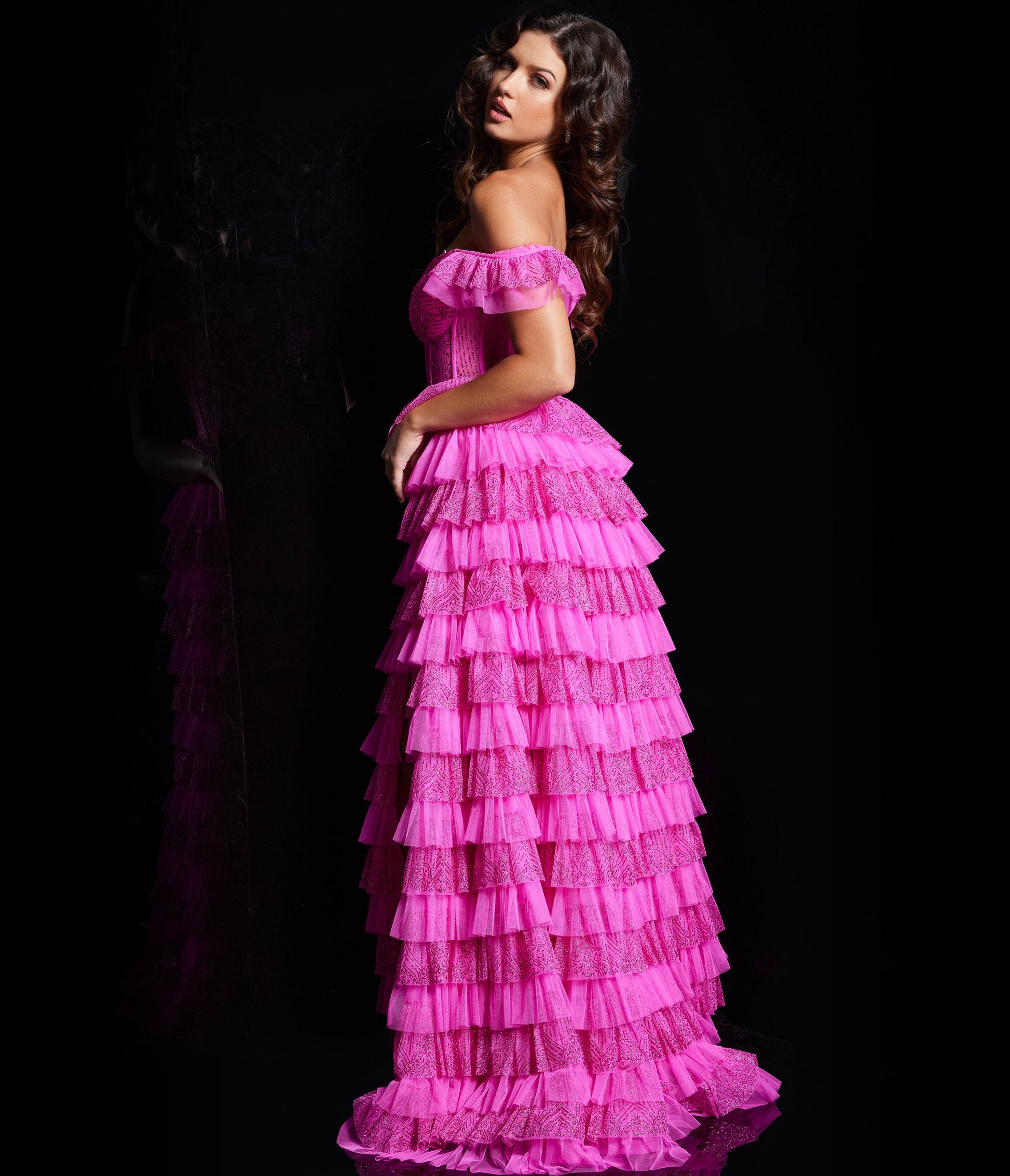 Hot Pink Glitter Off The Shoulder Ruffle Tiered Ballgown - Unique Vintage - Womens, DRESSES, PROM AND SPECIAL OCCASION