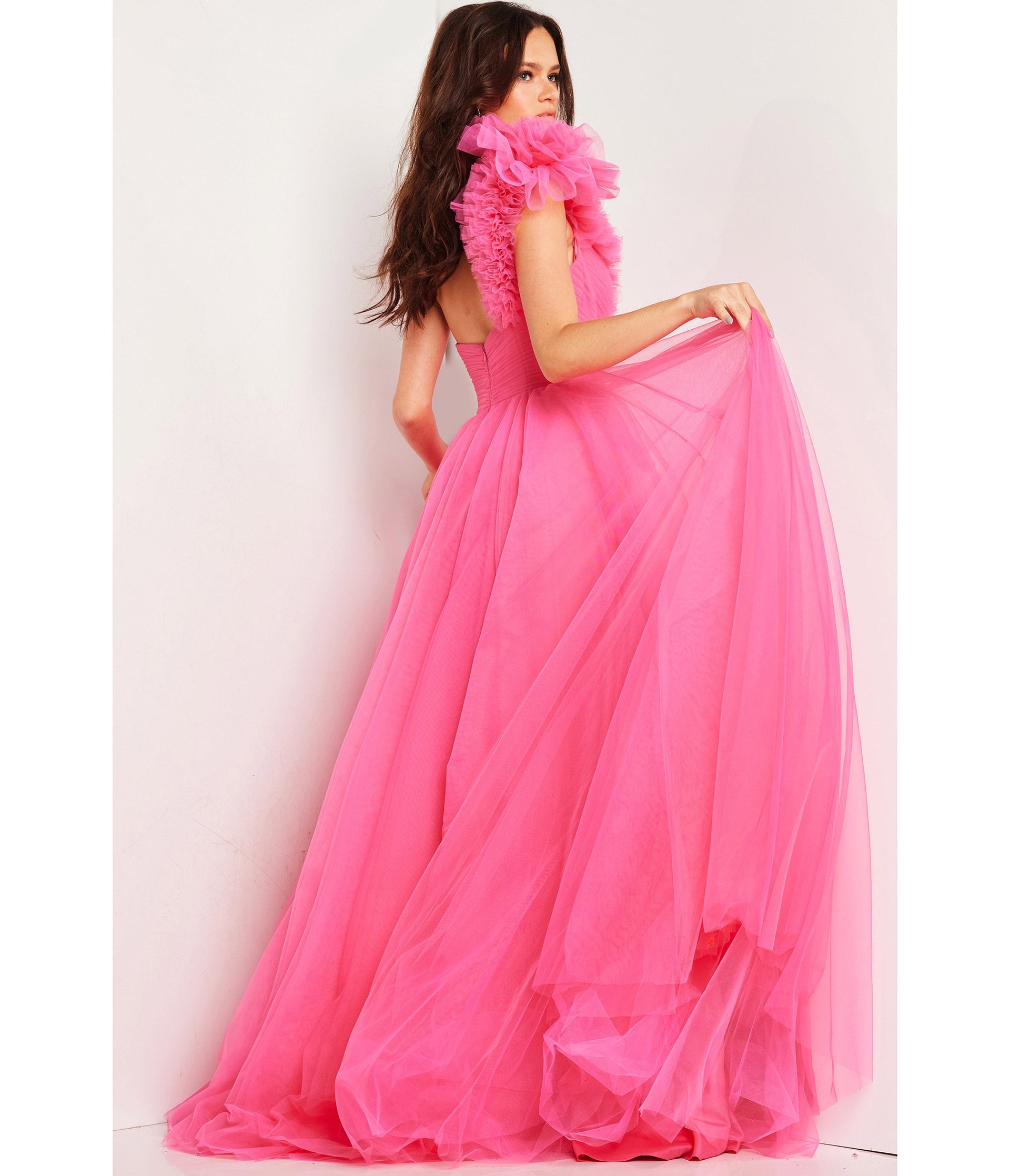 Hot Pink Tulle One Shoulder Slit Ballgown - Unique Vintage - Womens, DRESSES, PROM AND SPECIAL OCCASION