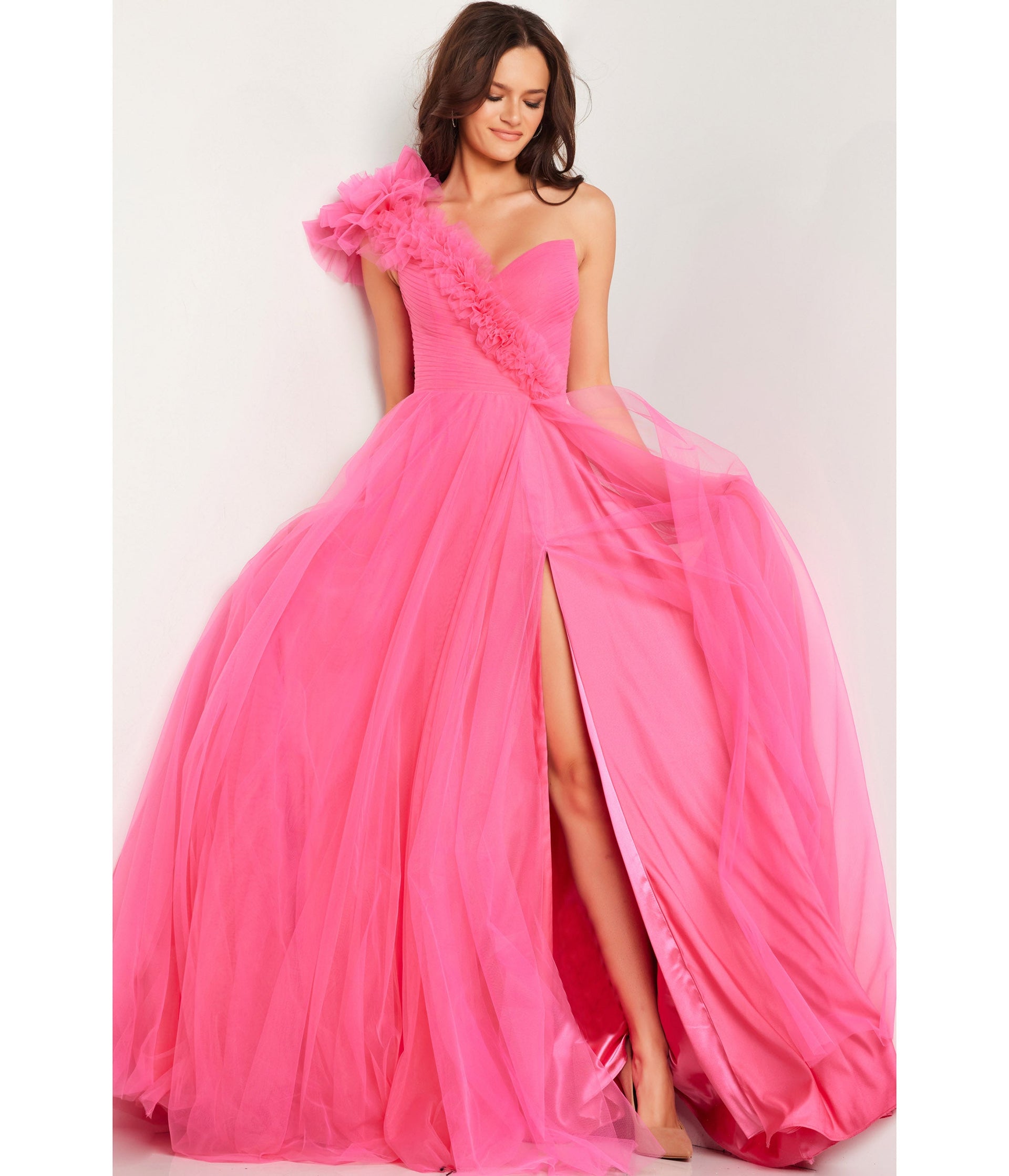 Hot Pink Tulle One Shoulder Slit Ballgown - Unique Vintage - Womens, DRESSES, PROM AND SPECIAL OCCASION