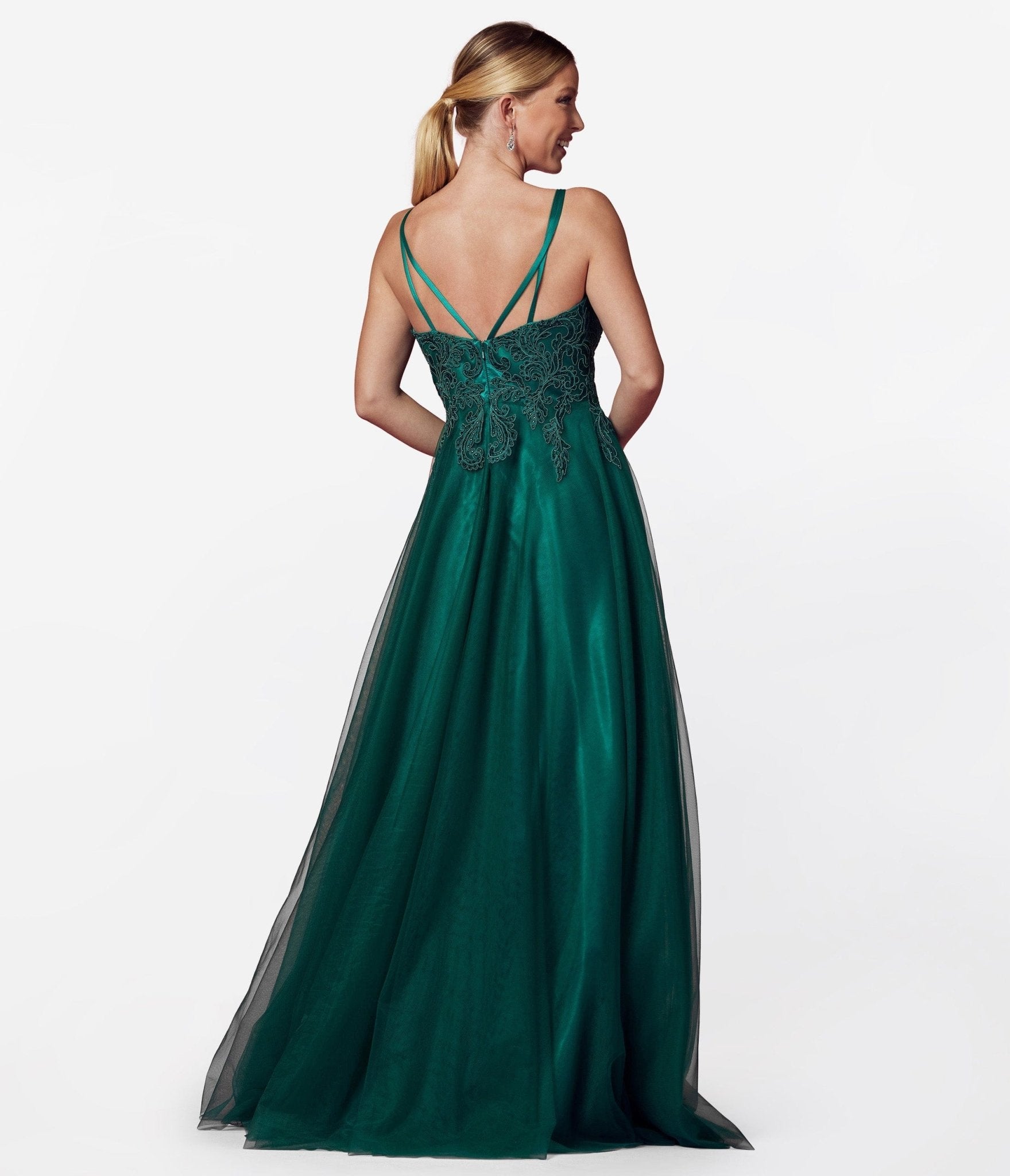 Hunter Green Floral & Tulle Prom Ball Gown - Unique Vintage - Womens, DRESSES, PROM AND SPECIAL OCCASION