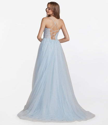 Ice Blue Corset Tulle Prom Ball Gown - Unique Vintage - Womens, DRESSES, PROM AND SPECIAL OCCASION