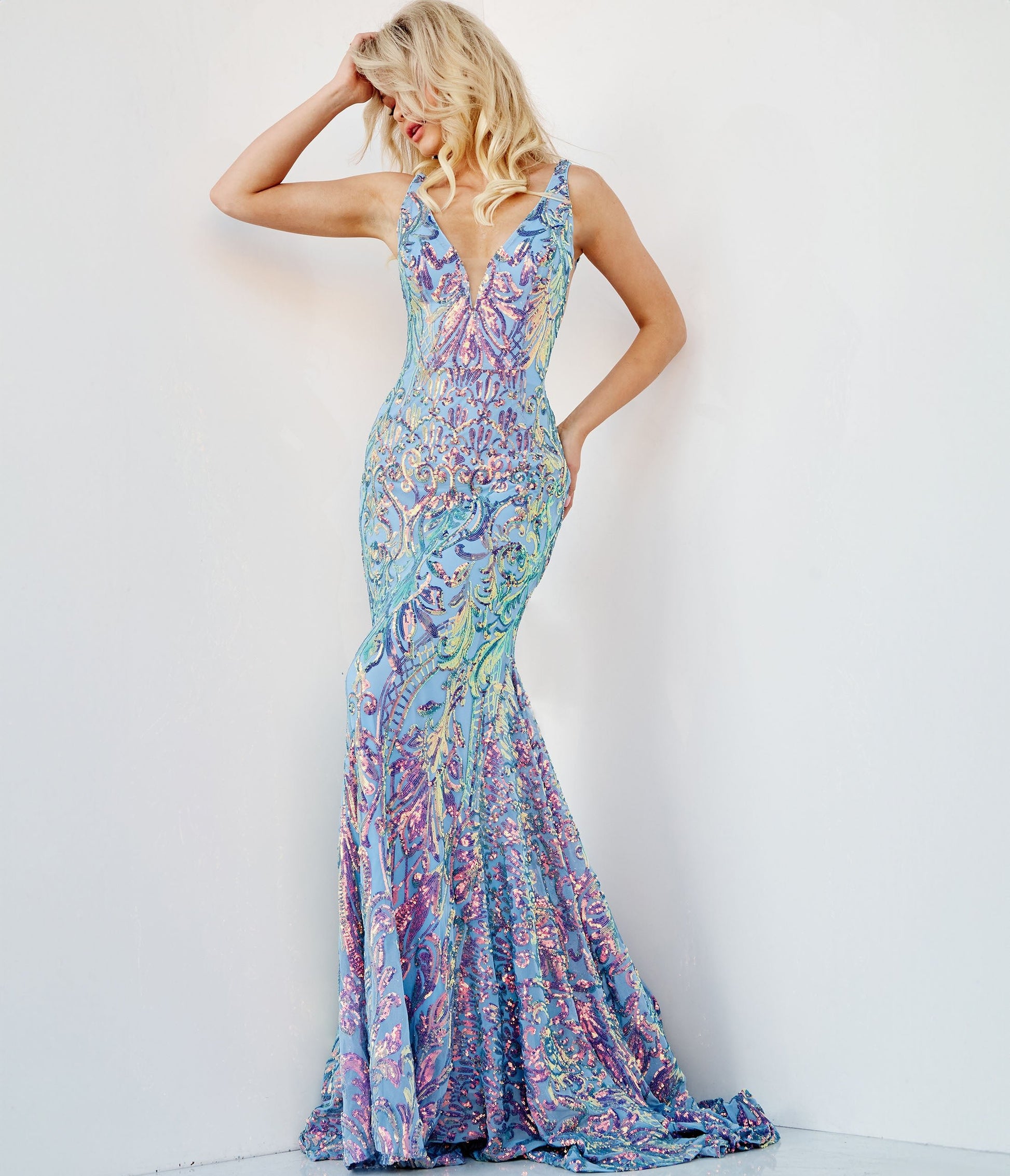 Iridescent Blue Open Back Evening Gown - Unique Vintage - Womens, DRESSES, PROM AND SPECIAL OCCASION