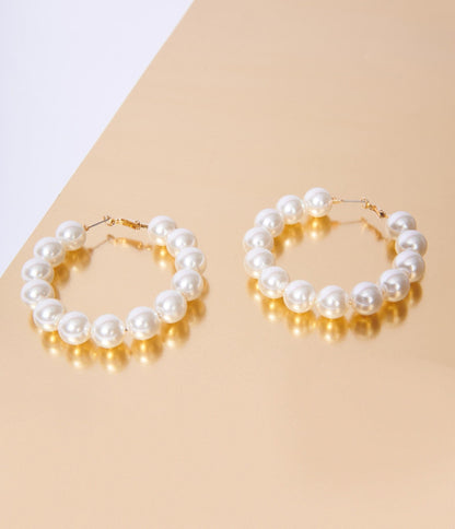 Ivory Chunky Faux Pearl Hoop Earrings - Unique Vintage - Womens, ACCESSORIES, JEWELRY