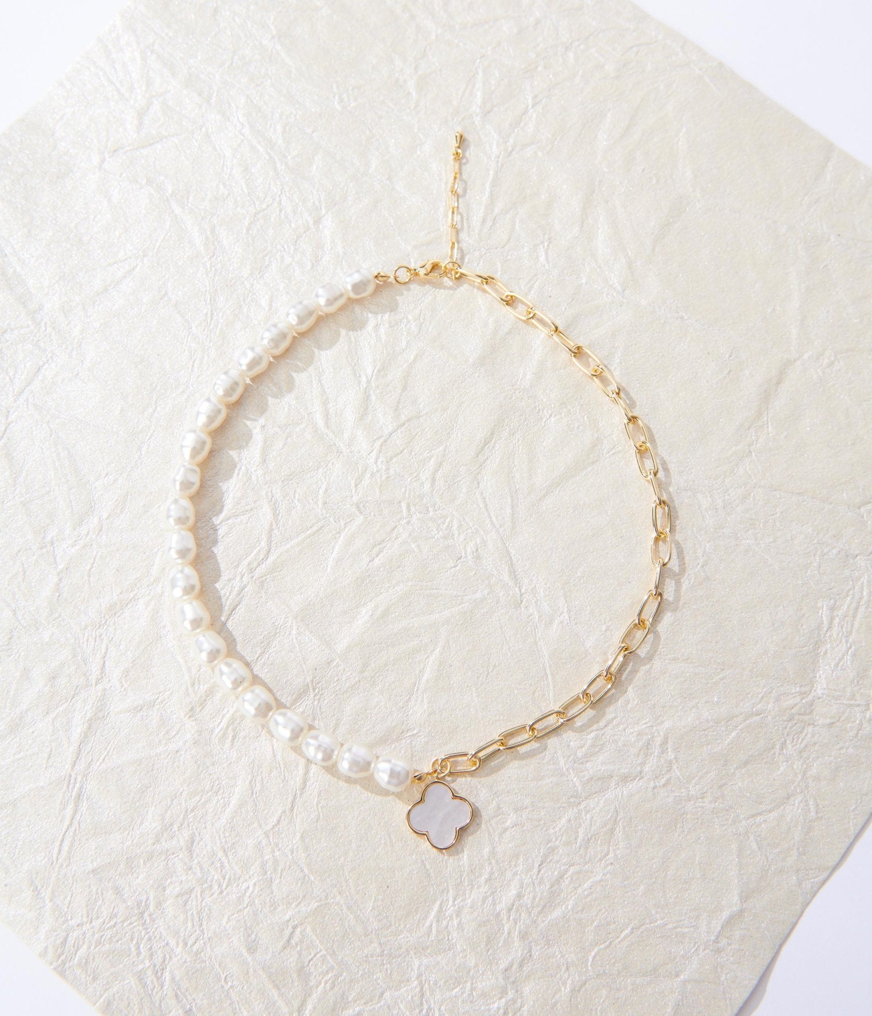 Ivory Clover Pearl & Gold Chain Link Necklace - Unique Vintage - Womens, ACCESSORIES, JEWELRY