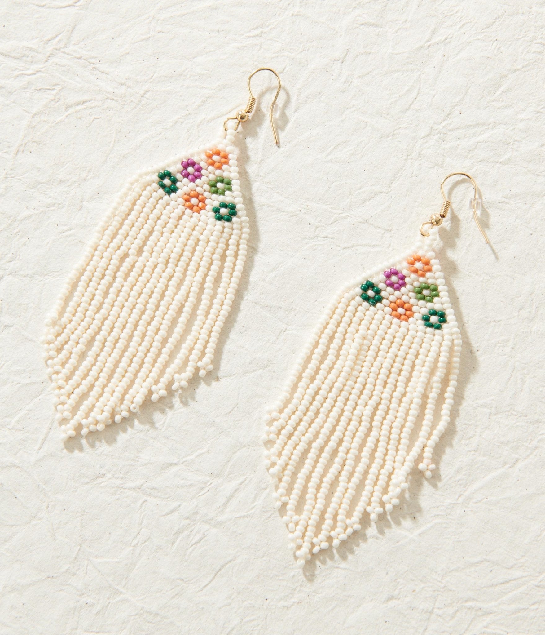 Ivory Floral Seed Triangular Beaded Fringe Drop Earrings - Unique Vintage - Womens, ACCESSORIES, JEWELRY