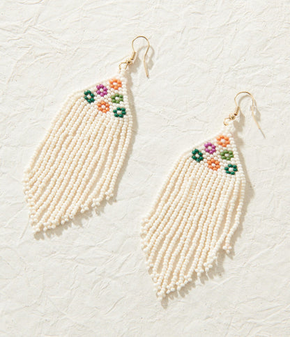 Ivory Floral Seed Triangular Beaded Fringe Drop Earrings - Unique Vintage - Womens, ACCESSORIES, JEWELRY