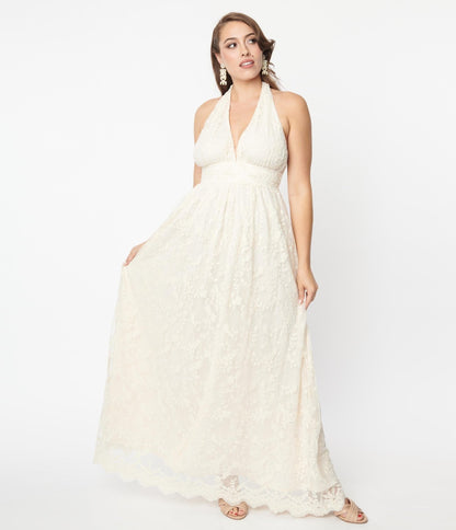 Ivory Lace Halter Bridal Maxi Dress - Unique Vintage - Womens, DRESSES, BRIDAL