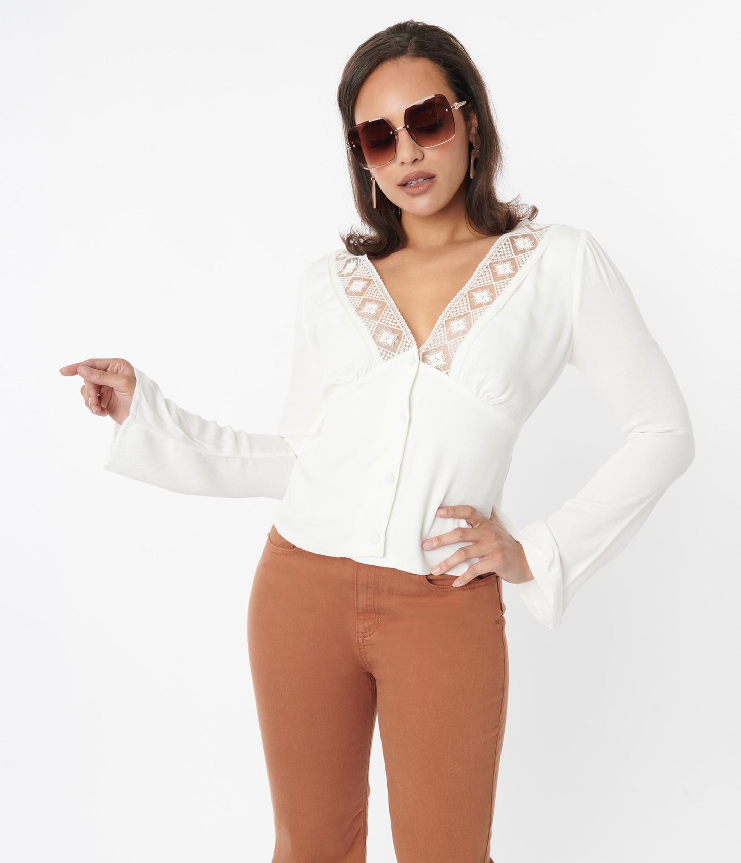 Ivory Lace Trim Bell Long Sleeve Top - Unique Vintage - Womens, TOPS, WOVEN TOPS