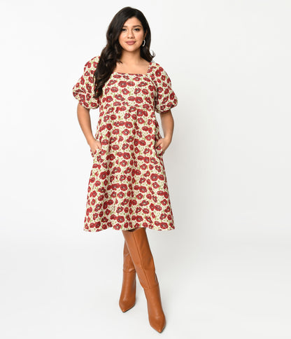 Ivory & Red Floral Kiss Jacquard Fit & Flare Dress - Unique Vintage - Womens, DRESSES, FIT AND FLARE