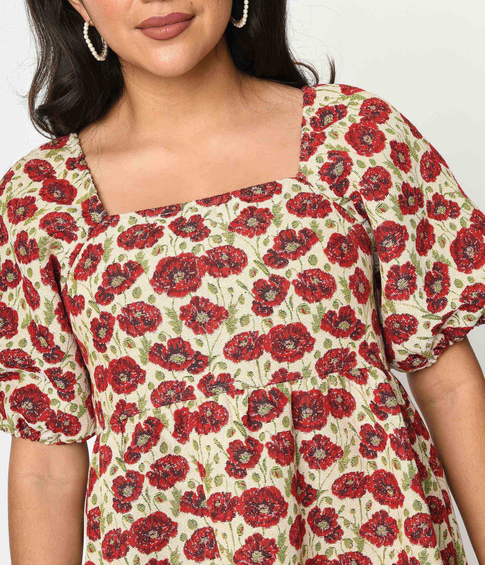 Ivory & Red Floral Kiss Jacquard Fit & Flare Dress - Unique Vintage - Womens, DRESSES, FIT AND FLARE
