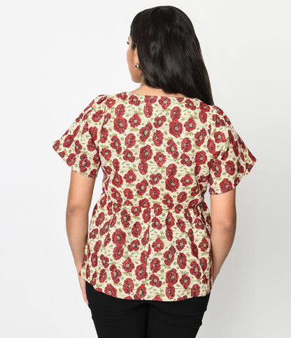 Ivory & Red Floral Kiss Jacquard Peplum Top - Unique Vintage - Womens, TOPS, WOVEN TOPS