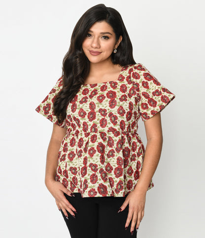 Ivory & Red Floral Kiss Jacquard Peplum Top - Unique Vintage - Womens, TOPS, WOVEN TOPS