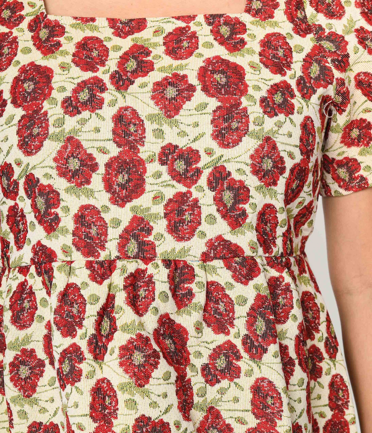 Ivory & Red Floral Kiss Jacquard Peplum Top - Unique Vintage - Womens, TOPS, WOVEN TOPS