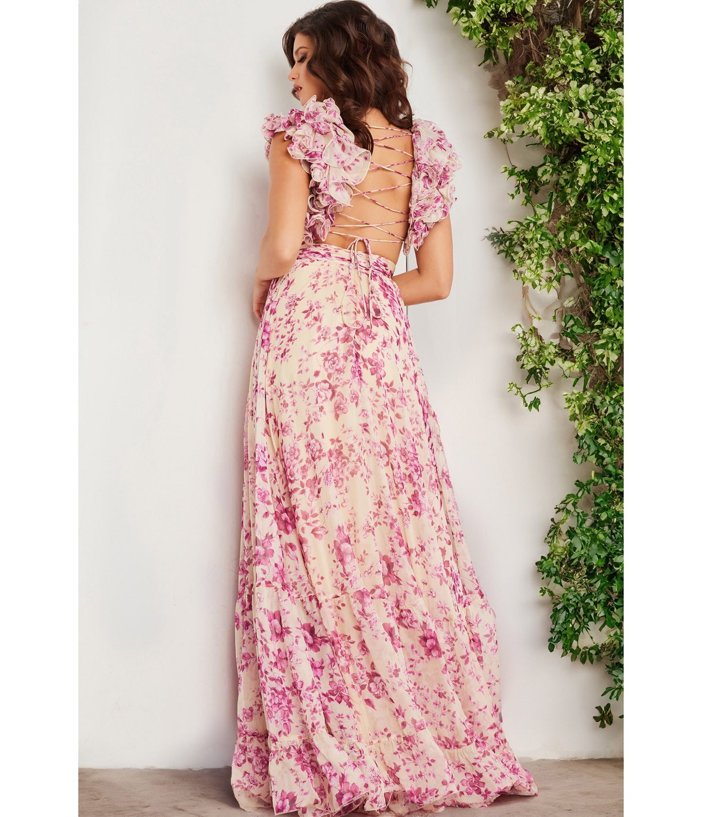 Ivory & Rose Print Ruffled Maxi Gown - Unique Vintage - Womens, DRESSES, PROM AND SPECIAL OCCASION