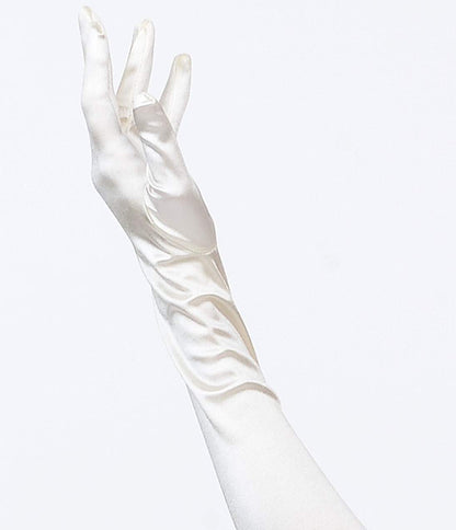 Ivory Satin 23'' Opera Length Gloves - Unique Vintage - Womens, ACCESSORIES, GLOVES/SCARVES