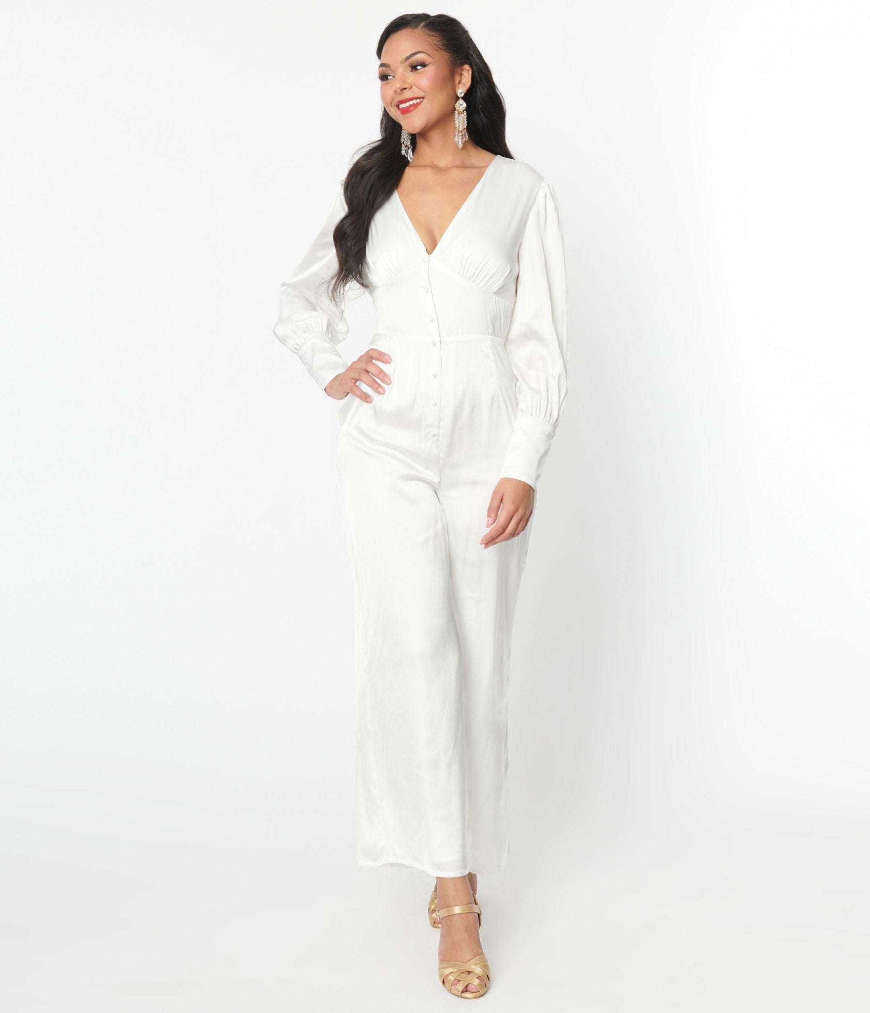 Ivory Satin Marina Jumpsuit - Unique Vintage - Womens, BOTTOMS, ROMPERS AND JUMPSUITS