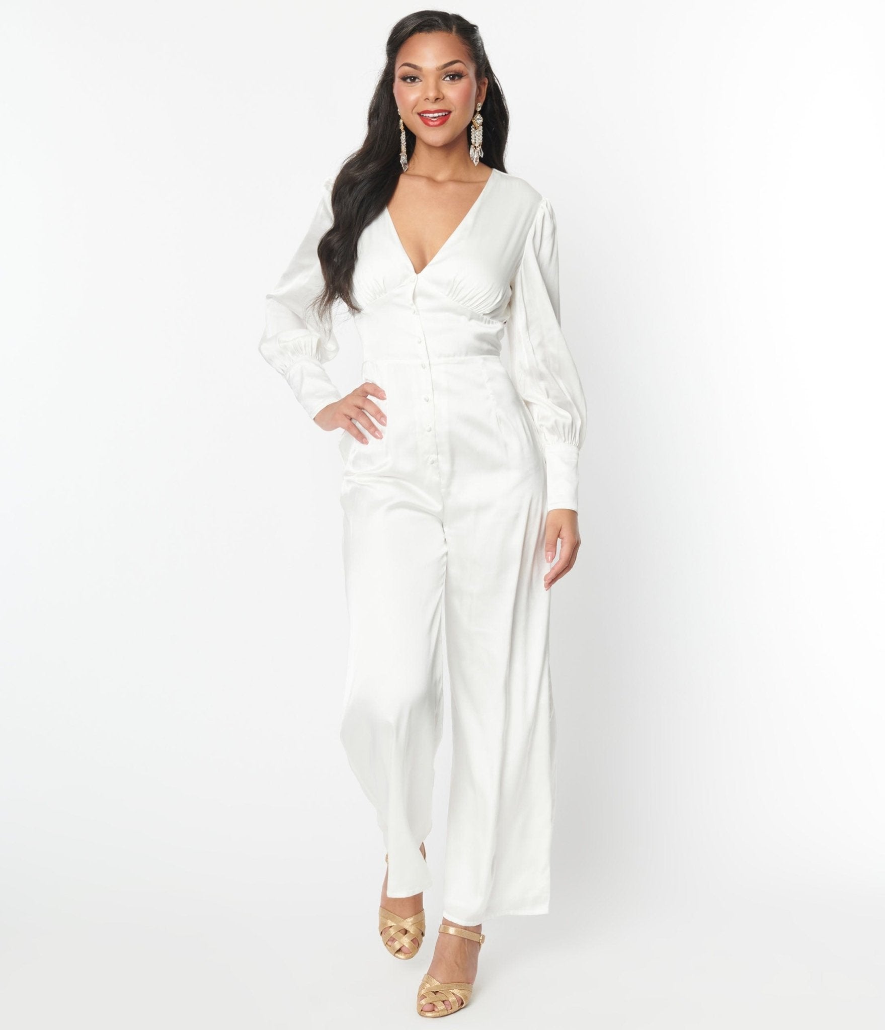 Ivory Satin Marina Jumpsuit - Unique Vintage - Womens, BOTTOMS, ROMPERS AND JUMPSUITS