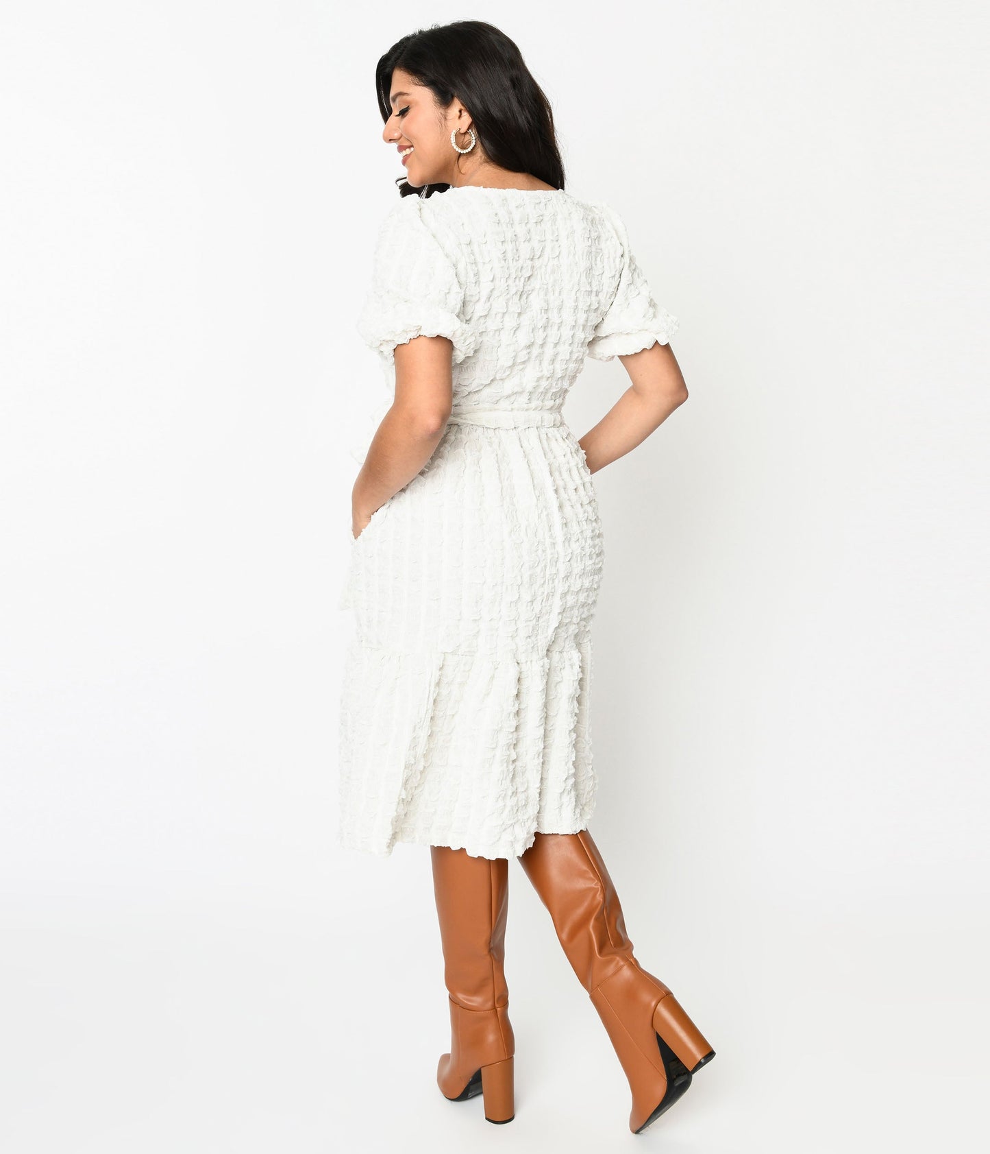Ivory Textured Smock Fit & Flare Dress - Unique Vintage - Womens, DRESSES, FIT AND FLARE