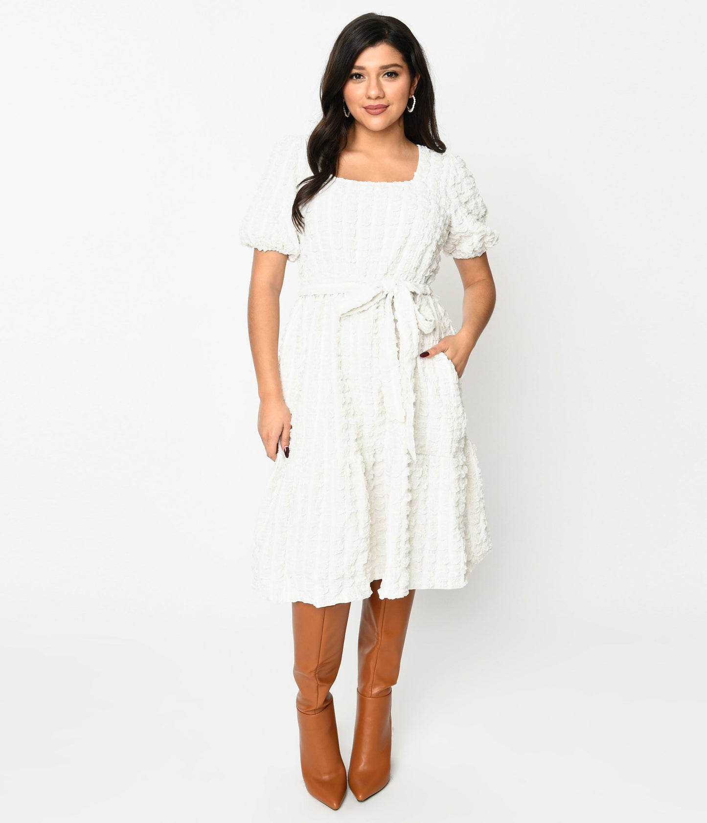 Ivory Textured Smock Fit & Flare Dress - Unique Vintage - Womens, DRESSES, FIT AND FLARE