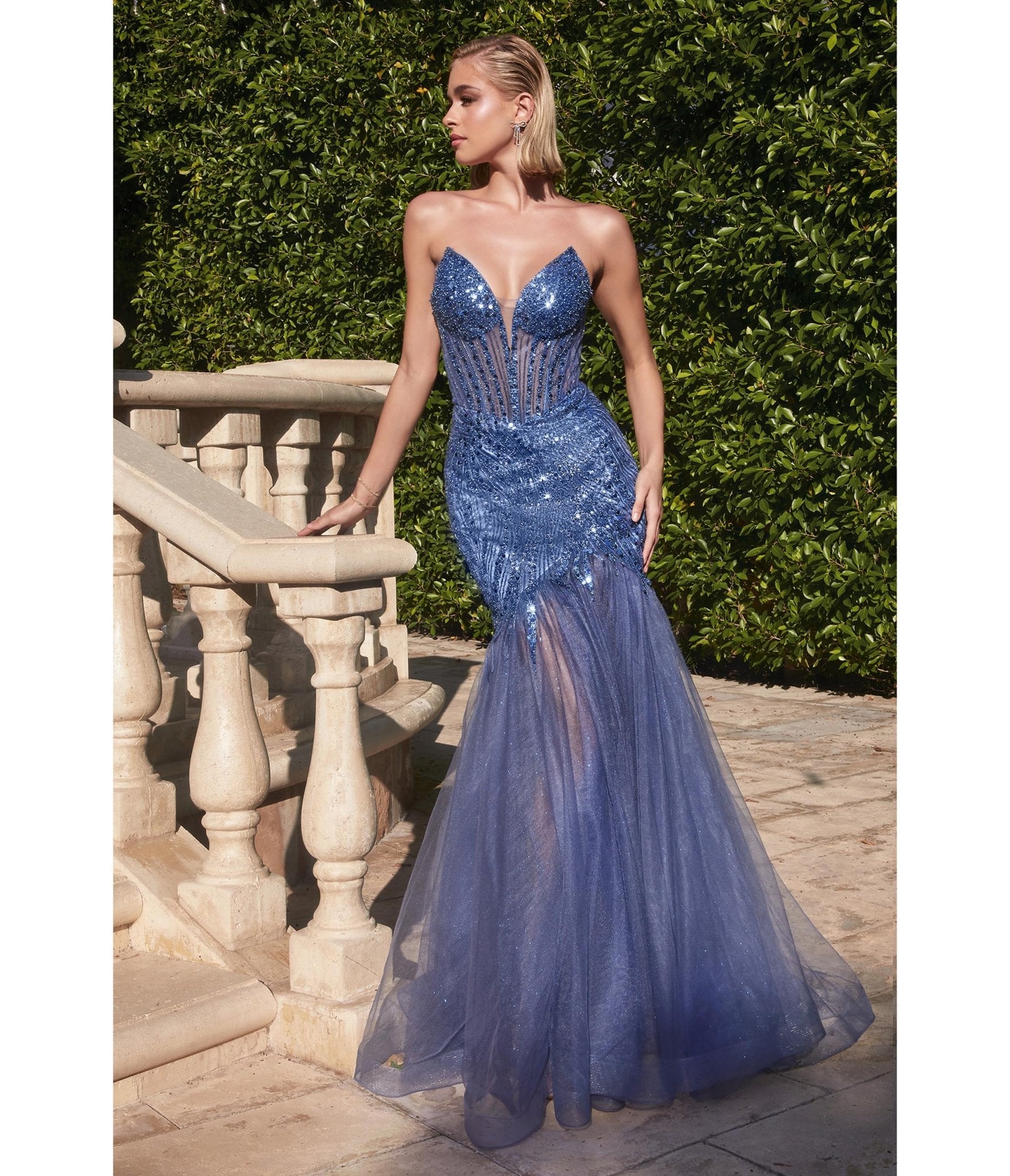 Lapis Blue Beaded Sequin Strapless Mermaid Prom Dress - Unique Vintage - Womens, DRESSES, PROM AND SPECIAL OCCASION