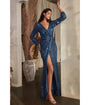 Cinderella Divine  Lapis Blue Sequin Long Sleeve Slit Evening Gown