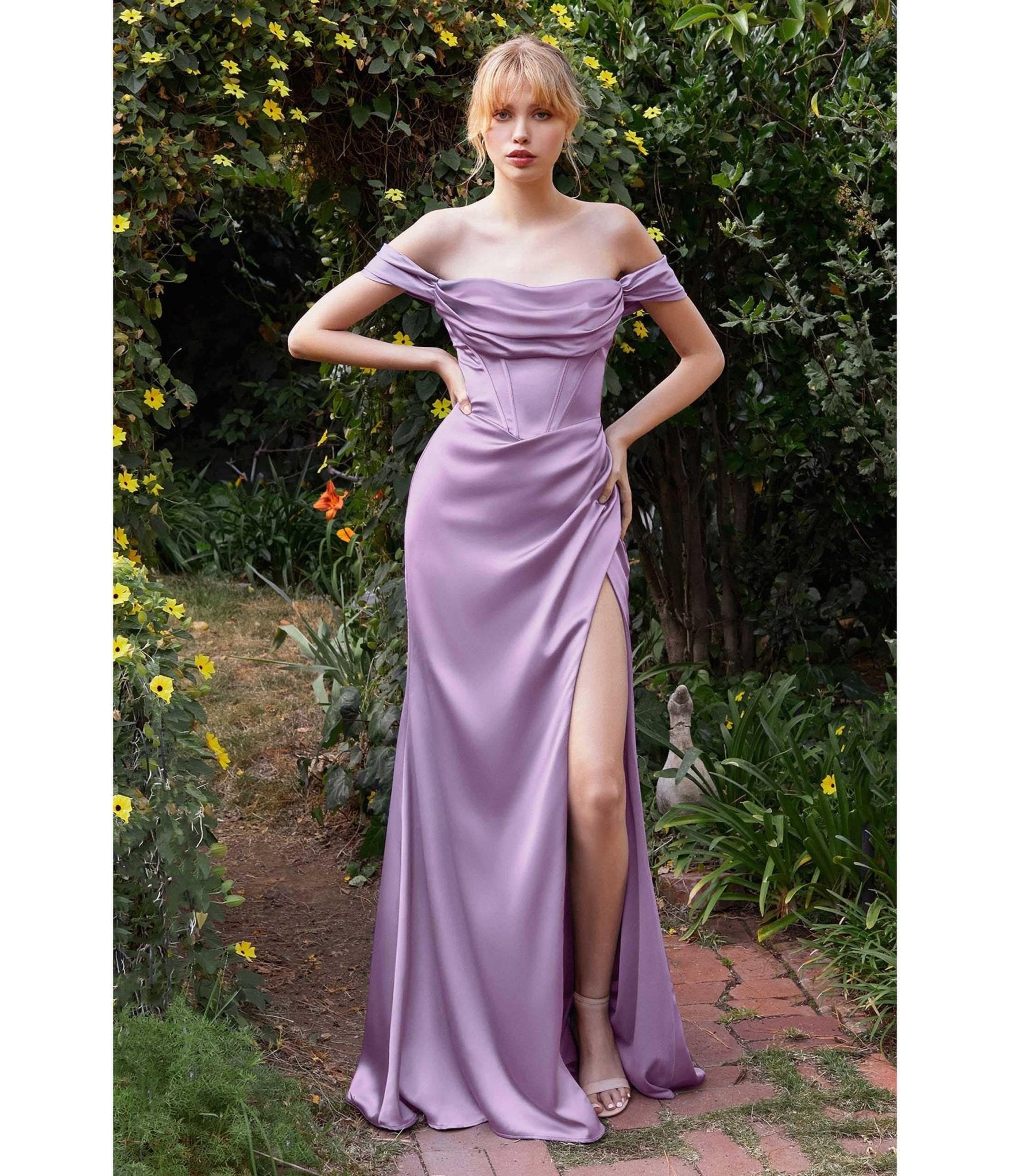 Lavender Black Satin Off the Shoulder Corset Bridesmaid Gown - Unique Vintage - Womens, DRESSES, PROM AND SPECIAL OCCASION